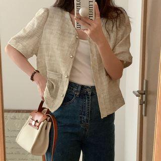 Short-sleeve Plaid Button Blazer