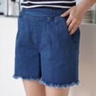 Band-waist Fringed Denim Shorts