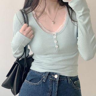 Long Sleeve V-neck Lace-trim Ribbed-knit Crop Sweater