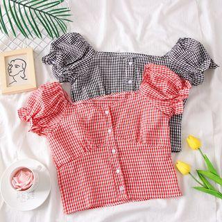 Wide-neck Checked Crop Blouse