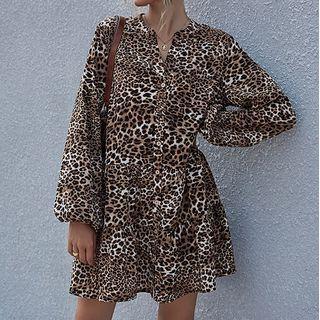 Leopard Print Open-collar Button Dress