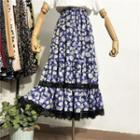 Lace Trim Floral Print Midi A-line Skirt