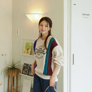Printed Knit-panel Color-block Pullover