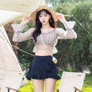 Set: Long-sleeve Dotted Tankini Top + Ruffle Swim Skirt