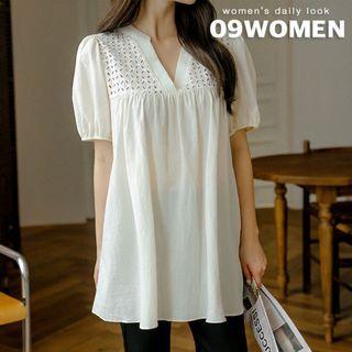 Eyelet-lace Yoke Peasant Blouse