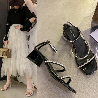 Faux Leather Embellished Block Heel Sandals