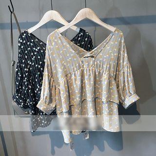 Printed Lantern Sleeve V-neck Chiffon Top