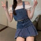Off-shoulder Plain Top / Pocket-detail Denim Camisole Top / High-waist Accordion Pleat Denim Mini Skirt
