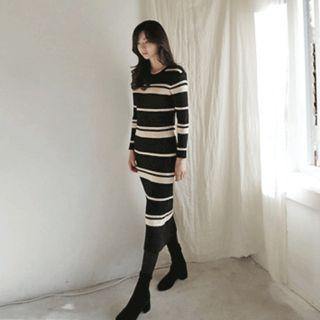 Round-neck Stripe Rib-knit Dress