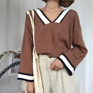 Striped Panel V-neck Sweater