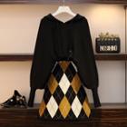 Set: Batwing-sleeve Hooded Sweater + Argyle Knit Mini A-line Skirt
