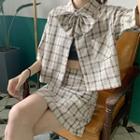 Set: Short-sleeve Plaid Shirt + Straight Fit Skirt + Bow Tie