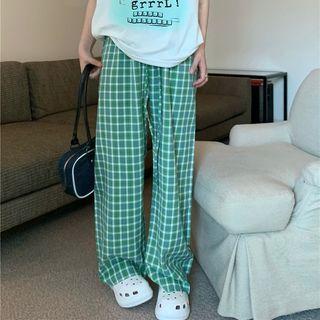 Cap-sleeve Graphic Print T-shirt / Plaid Wide Leg Pants