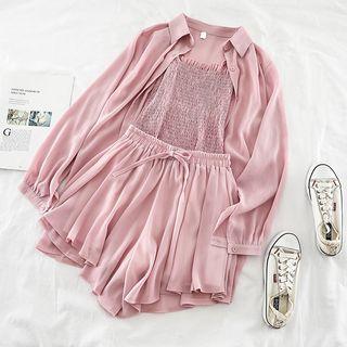 Set: Spaghetti Strap Chiffon Top + Wide-leg Shorts + Long-sleeve Shirt