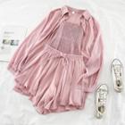 Set: Spaghetti Strap Chiffon Top + Wide-leg Shorts + Long-sleeve Shirt