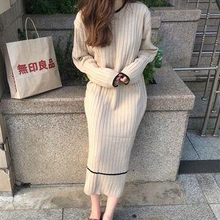 Contrast-trim Long-sleeve Ribbed Midi Sweater Dress
