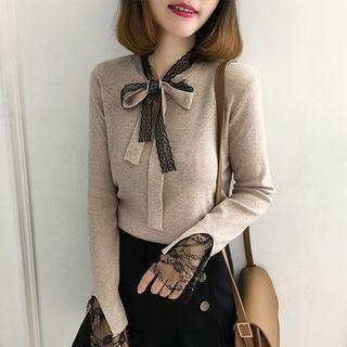 Lace Panel Tie-neck Sweater