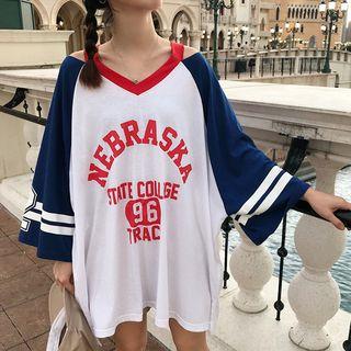 Lettering Long-sleeve V-neck Cut Out T-shirt As Shown In Figure - One Size