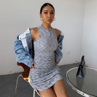 Crewneck Two Tone Pleated Skinny Mini Dress