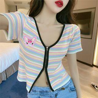 Contrast Trim Butterfly Embroidered Striped Zipped Knit Top As Shown In Figure - One Size