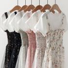 Set: Short-sleeve T-shirt + Spaghetti Strap Floral Mesh Panel Midi A-line Dress