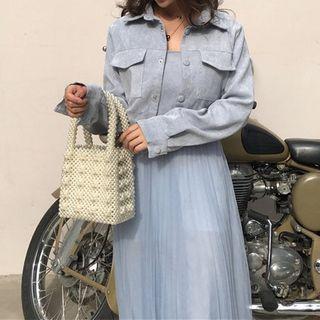 Set: Corduroy Cropped Buttoned Jacket + Sleeveless Midi A-line Mesh Dress