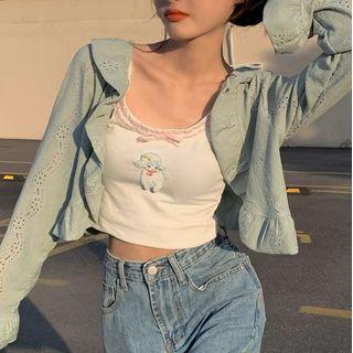 Lace Trim Cropped Camisole Top / Ruffle Trim Blouse