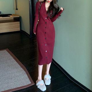 Long-sleeve Midi Knit Sheath Dress Red - One Size