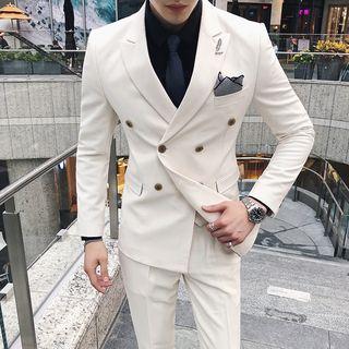 Suit Set: Plain Double-breasted Blazer + Vest + Dress Pants