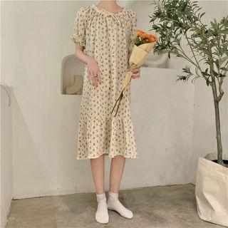 Puff-sleeve Floral Print Midi A-line Dress Tangerine - One Size