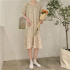 Puff-sleeve Floral Print Midi A-line Dress Tangerine - One Size