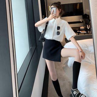 Set: Short-sleeve Button-down Shirt + Asymmetric Pencil Skirt