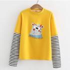 Mock Two-piece Long-sleeve Striped Panel T-shirt