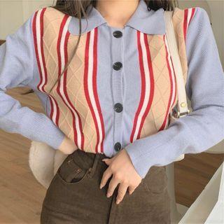 Color Panel Cardigan Blue & Khaki & White - One Size