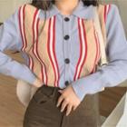 Color Panel Cardigan Blue & Khaki & White - One Size