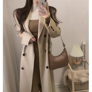 Double-breasted Midi Coat / Long-sleeve Knit Midi Sheath Dress