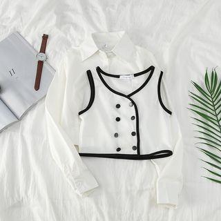 Contrast Trim Double-buttoned Vest / Long-sleeve Plain Cropped Shirt