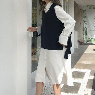 Long-sleeve Midi Shirtdress/ V-neck Knit Vest