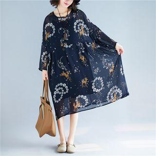 Set: Long-sleeve Deer Print Chiffon Dress + Slipdress Without Slipdress - Navy Blue - One Size