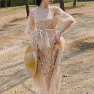 Puff-sleeve Dotted Mesh A-line Midi Dress