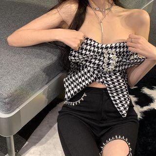 Strapless Ribbon Houndstooth Top / Cut-out Skinny Pants