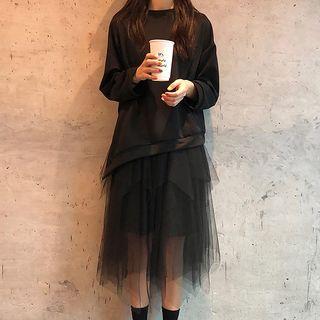 Crew-neck Pullover / Mesh Panel Spaghetti Strap Midi Skirt