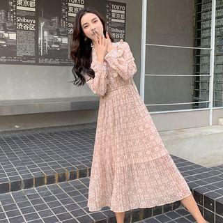 Ethnic Patterned Pleated Long-sleeve Dress
