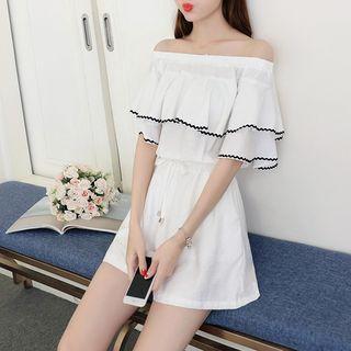 Ruffle Trim Off Shoulder Elbow Sleeve Playsuit
