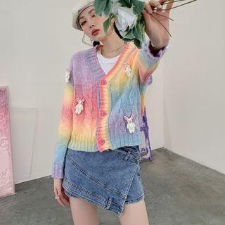 Gradient Cable Knit Cardigan / Asymmetrical Denim Mini Pencil Skirt