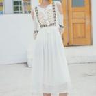 Cold-shoulder Embroidered 3/4-sleeve Midi Sundress