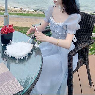 Short-sleeve Beaded Lace Trim Midi A-line Dress