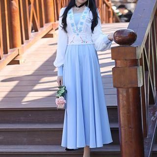 Balloon-sleeve Embroidered Midi A-line Dress