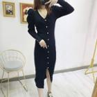 Puff-sleeve Buttoned Slit Midi Knit Dress