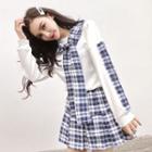 Plaid Panel Tie-neck Pullover / Mini Pleated Skirt